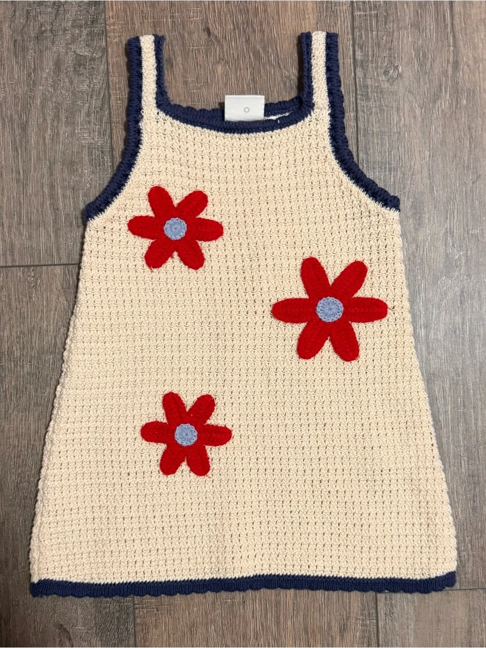 Zara Cream Crochet Tank Dress with Red Flower Appliqués and Navy Trim